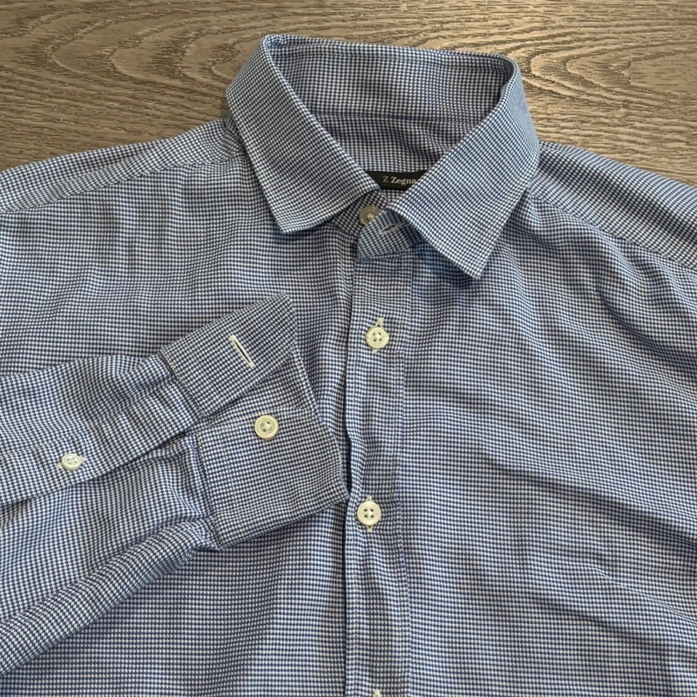 Z Zegna Button Down Shirt Mens 16/41 Blue Houndstooth Drop 8 Fit Long Sleeve